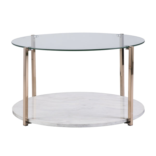 Safavieh Avenida Art Deco Cocktail Table Tempered Glass Top Faux Marble Shelf Gold Plated Legs CK1450