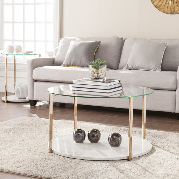 Safavieh Avenida Art Deco Cocktail Table Tempered Glass Top Faux Marble Shelf Gold Plated Legs CK1450
