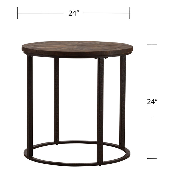 Safavieh Landsmill Reclaimed Fir Round Side Table With Sunburst Top And Iron Frame CK2682