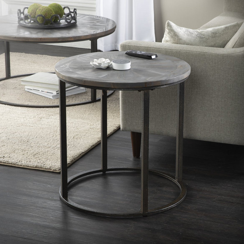 Safavieh Landsmill Reclaimed Fir Round Side Table With Sunburst Top And Iron Frame CK2682