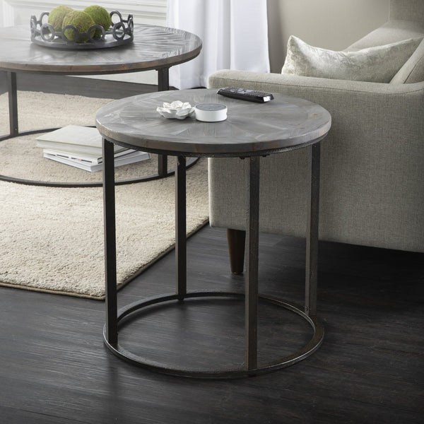 Safavieh Landsmill Reclaimed Fir Round Side Table With Sunburst Top And Iron Frame CK2682
