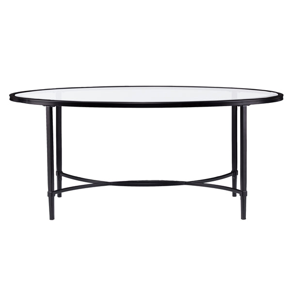 Safavieh Quinton Oval Tempered Glass Coffee Table With Scrollwork Iron Frame For Living Rooms BLACK CK3600