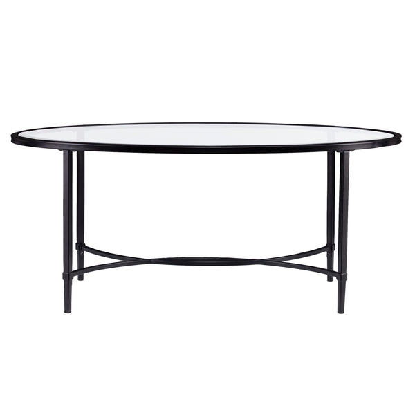 Safavieh Quinton Oval Tempered Glass Coffee Table With Scrollwork Iron Frame For Living Rooms BLACK CK3600