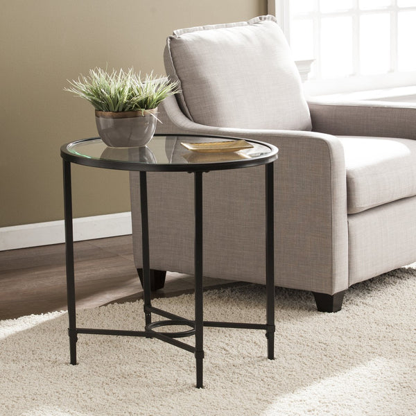 Safavieh Quinton Oval Tempered Glass Top Iron Side Table With Scrollwork For Living Room Decor BLACK CK3602
