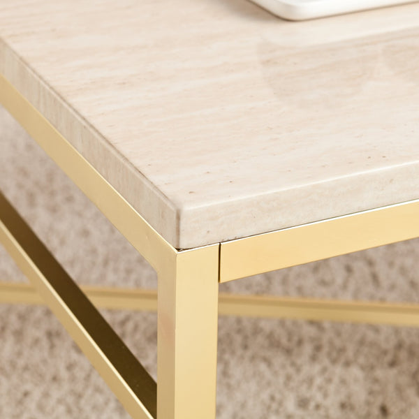 Safavieh Orinda Travertine Look Cocktail Table With Geometric Brass Frame For Modern Living Rooms CK3940