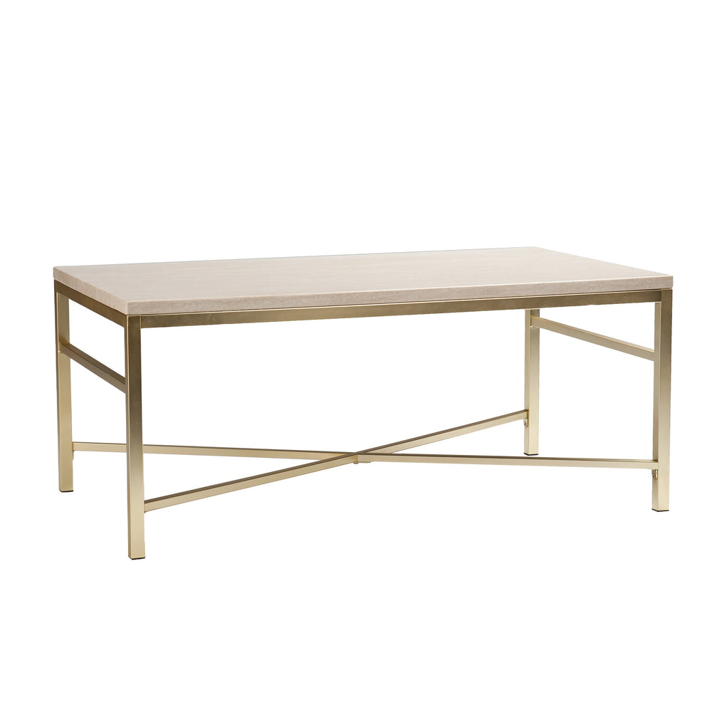 Safavieh Orinda Travertine Look Cocktail Table With Geometric Brass Frame For Modern Living Rooms CK3940