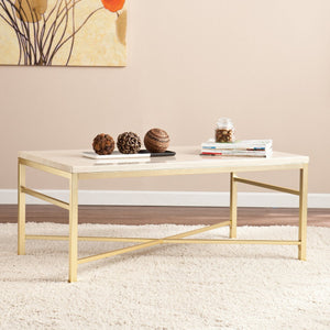 Safavieh Orinda Travertine Look Cocktail Table With Geometric Brass Frame For Modern Living Rooms CK3940