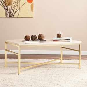 Safavieh Orinda Travertine Look Cocktail Table With Geometric Brass Frame For Modern Living Rooms CK3940