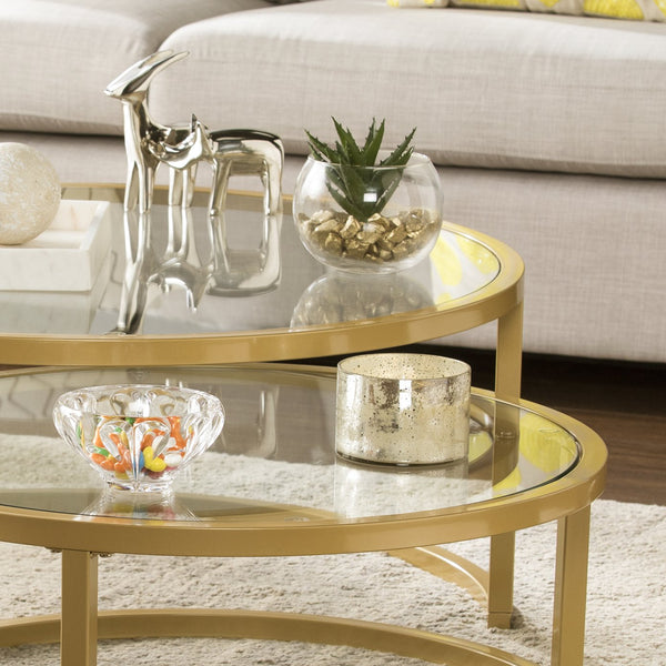 Safavieh Evelyn Round Tempered Glass Nesting Tables Glam Living Room Set With Steel Frames GOLD CK4290