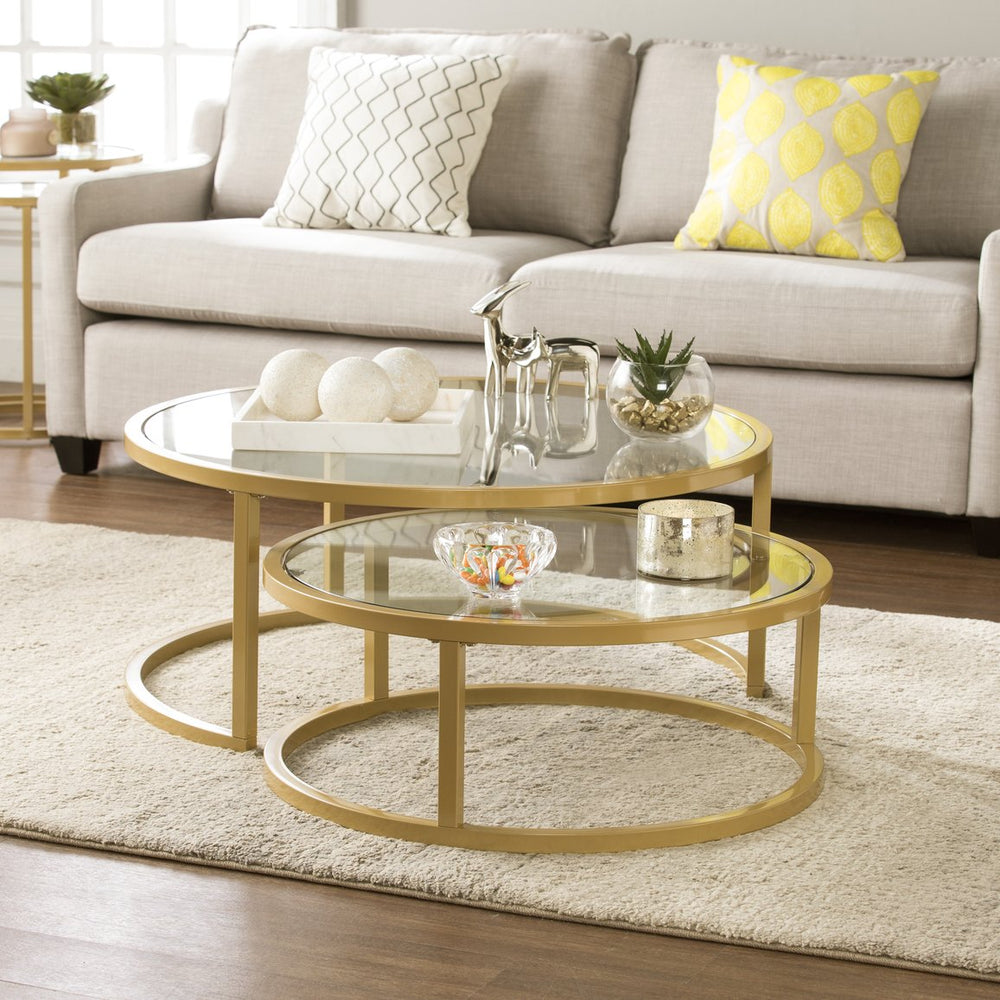 Safavieh Evelyn Round Tempered Glass Nesting Tables Glam Living Room Set With Steel Frames GOLD CK4290