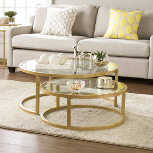 Safavieh Evelyn Round Tempered Glass Nesting Tables Glam Living Room Set With Steel Frames GOLD CK4290