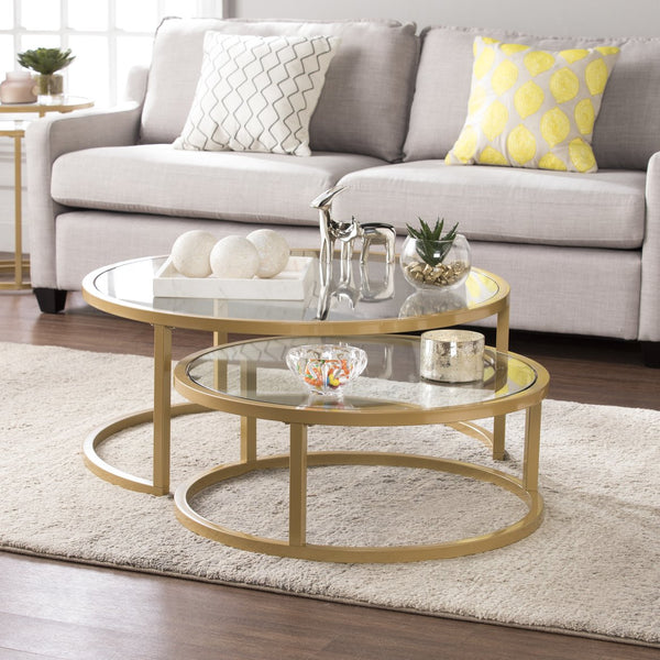 Safavieh Evelyn Round Tempered Glass Nesting Tables Glam Living Room Set With Steel Frames GOLD CK4290