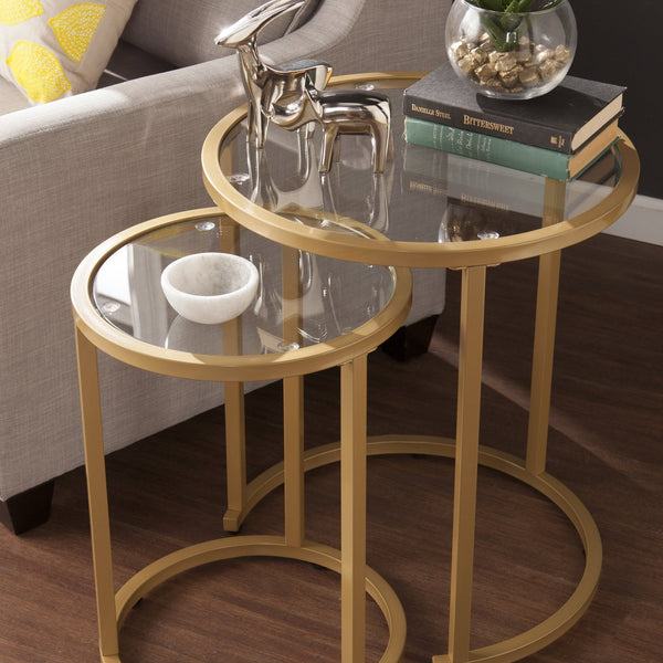 Safavieh Evelyn Glam Nesting Tables Set Of Two Tempered Glass Top Metal Frame Accent GOLD CK4292