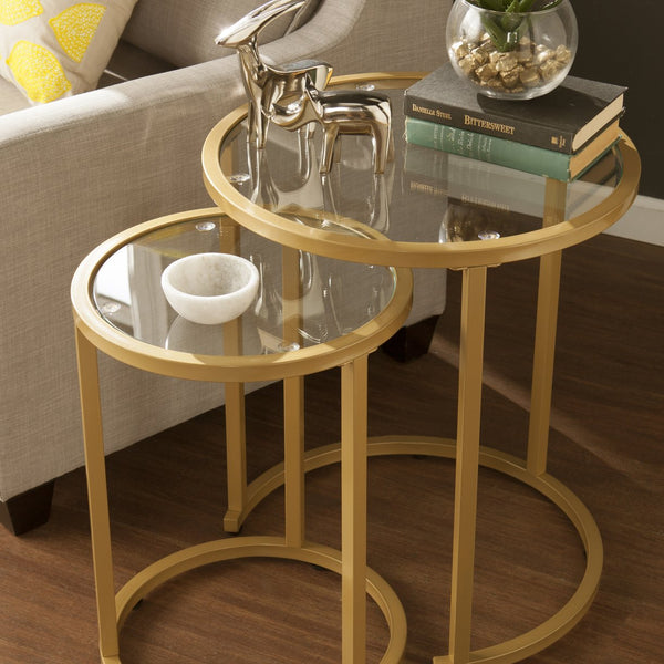 Safavieh Evelyn Glam Nesting Tables Set Of Two Tempered Glass Top Metal Frame Accent GOLD CK4292