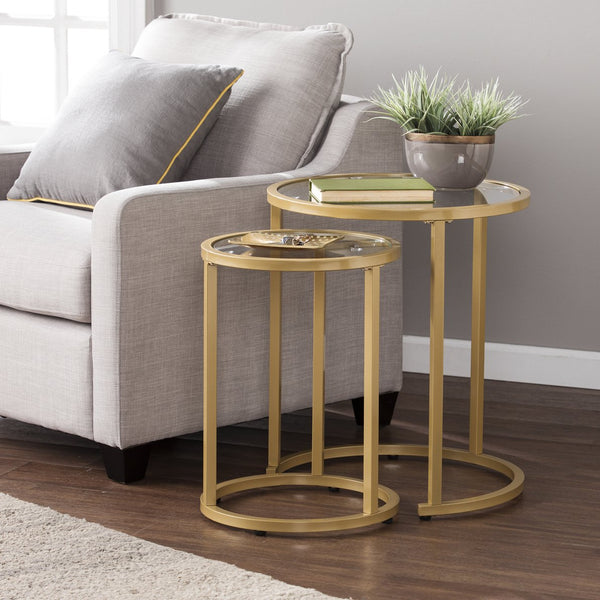 Safavieh Evelyn Glam Nesting Tables Set Of Two Tempered Glass Top Metal Frame Accent GOLD CK4292