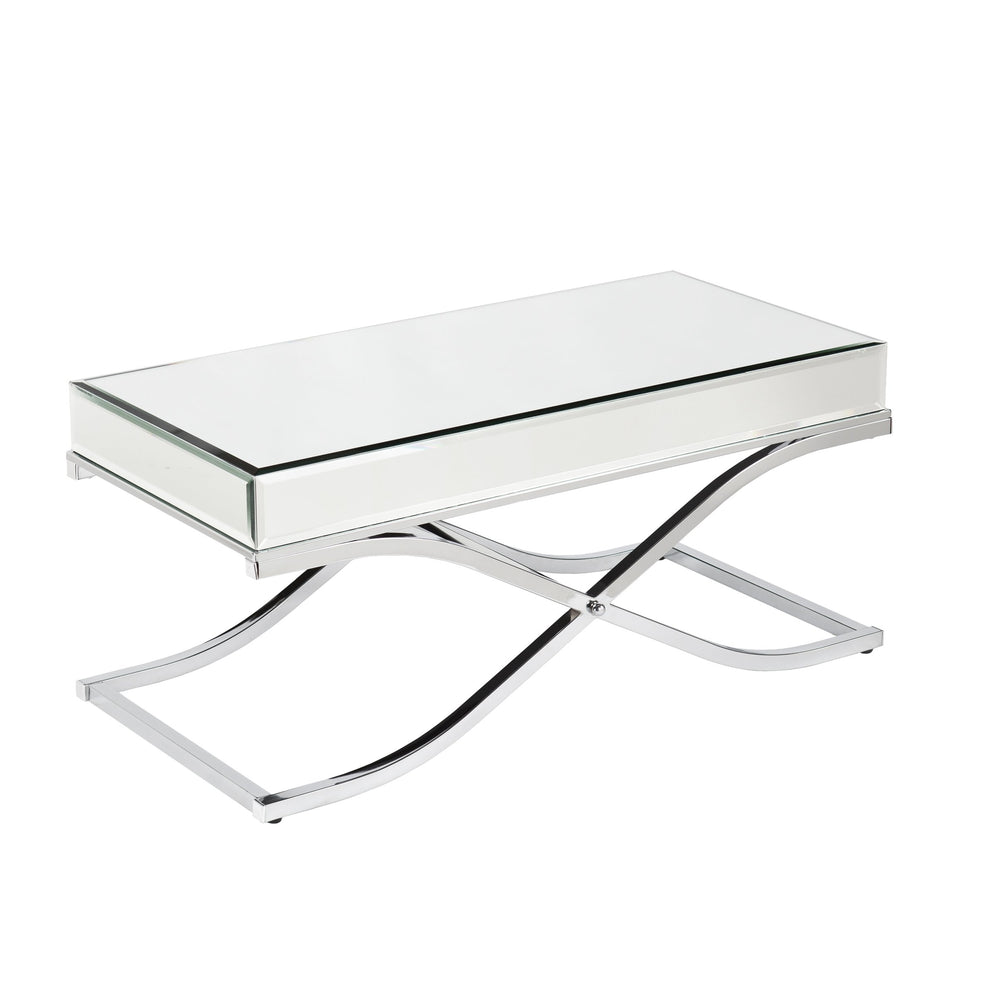 Safavieh Ava Glam Mirrored Cocktail Table With Beveled Top And Chrome X Frame For Living Rooms SLV CK4370