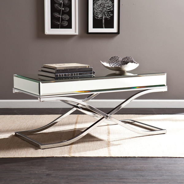 Safavieh Ava Glam Mirrored Cocktail Table With Beveled Top And Chrome X Frame For Living Rooms SLV CK4370
