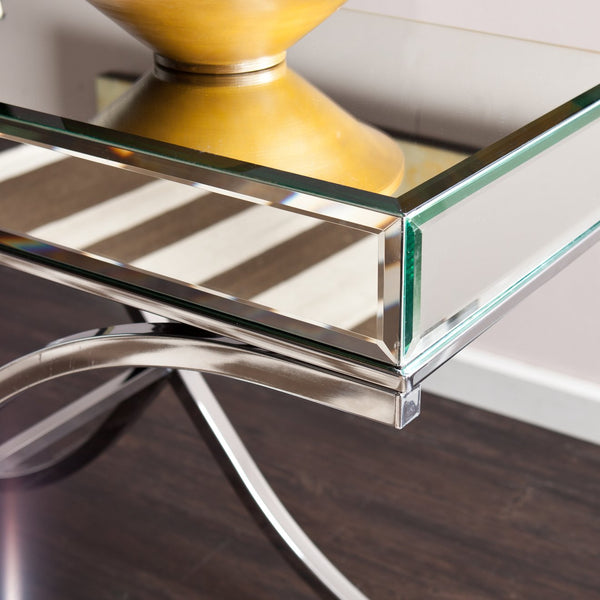 Safavieh Ava Mirrored Console Table With Beveled Glass Top And Sculptural Chrome X Frame SLV CK4373
