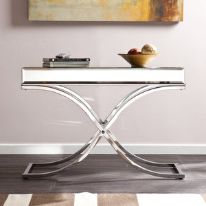 Safavieh Ava Mirrored Console Table With Beveled Glass Top And Sculptural Chrome X Frame SLV CK4373