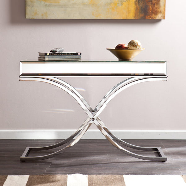Safavieh Ava Mirrored Console Table With Beveled Glass Top And Sculptural Chrome X Frame SLV CK4373