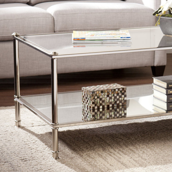 Safavieh Paschall Soft Glam Cocktail Table With Iron Frame Tempered Glass And Mirrored Shelf SLV CK4990