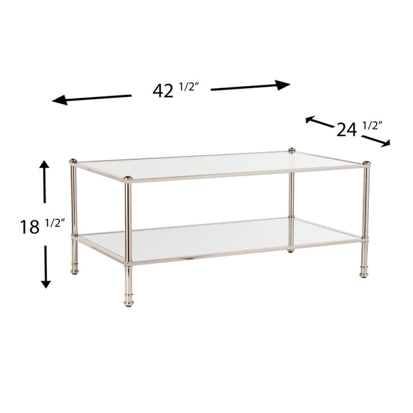 Safavieh Paschall Soft Glam Cocktail Table With Iron Frame Tempered Glass And Mirrored Shelf SLV CK4990