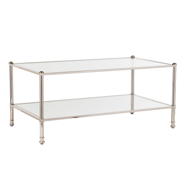 Safavieh Paschall Soft Glam Cocktail Table With Iron Frame Tempered Glass And Mirrored Shelf SLV CK4990