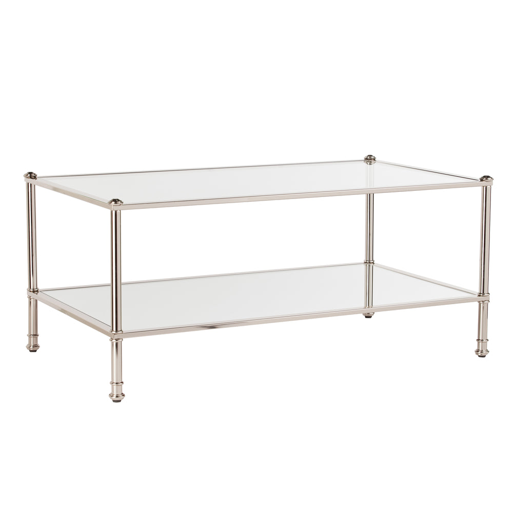 Safavieh Paschall Soft Glam Cocktail Table With Iron Frame Tempered Glass And Mirrored Shelf SLV CK4990