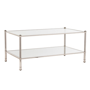 Safavieh Paschall Soft Glam Cocktail Table With Iron Frame Tempered Glass And Mirrored Shelf SLV CK4990