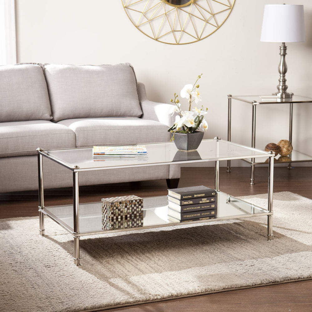 Safavieh Paschall Soft Glam Cocktail Table With Iron Frame Tempered Glass And Mirrored Shelf SLV CK4990