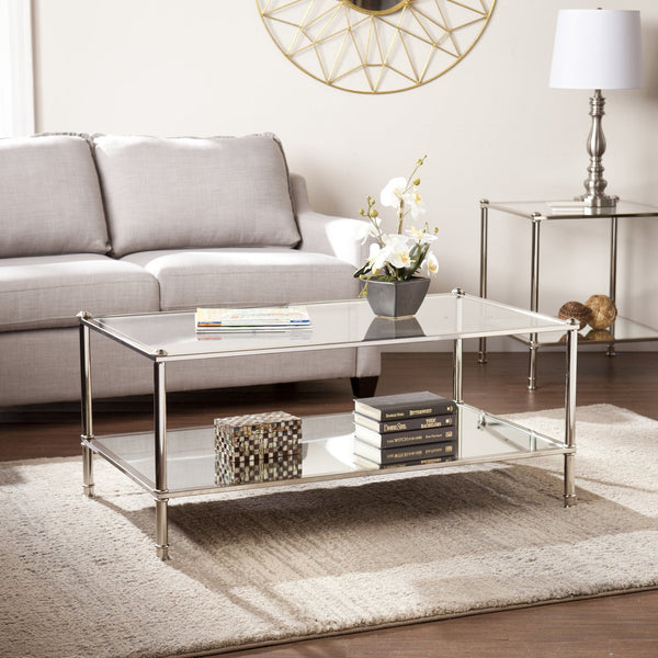 Safavieh Paschall Soft Glam Cocktail Table With Iron Frame Tempered Glass And Mirrored Shelf SLV CK4990
