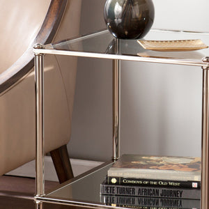 Safavieh Paschall Glam Iron End Table With Tempered Glass Top And Mirrored Shelf For Living Room SLV CK4992