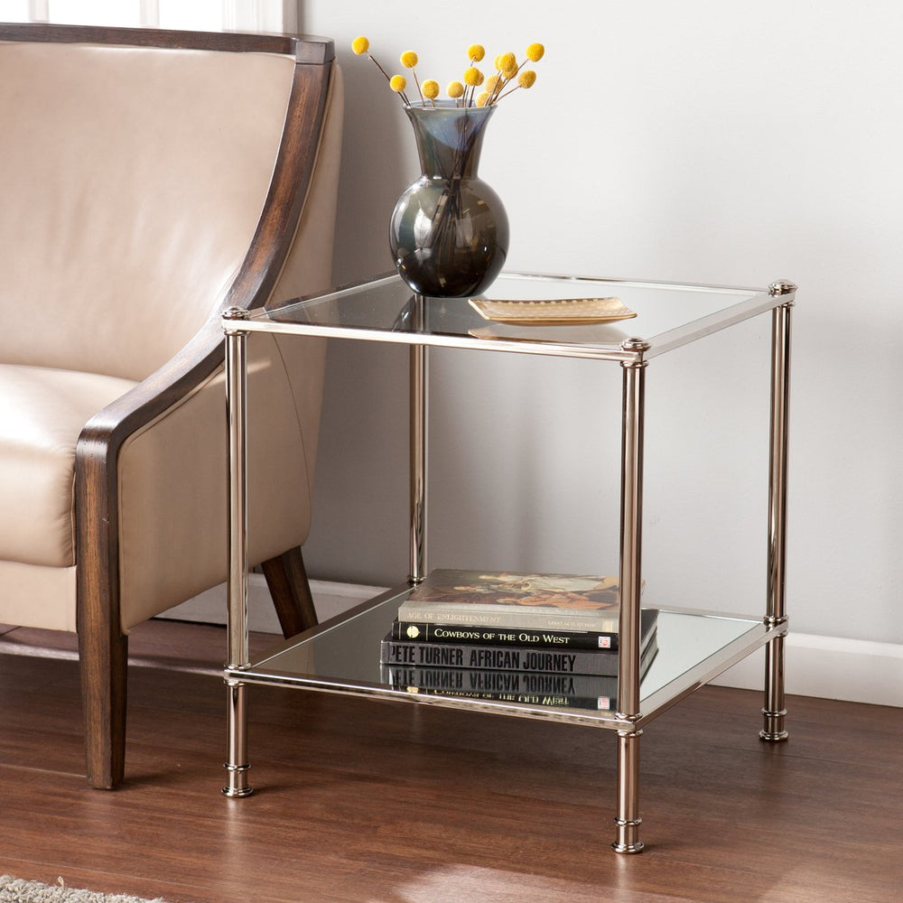 Safavieh Paschall Glam Iron End Table With Tempered Glass Top And Mirrored Shelf For Living Room SLV CK4992