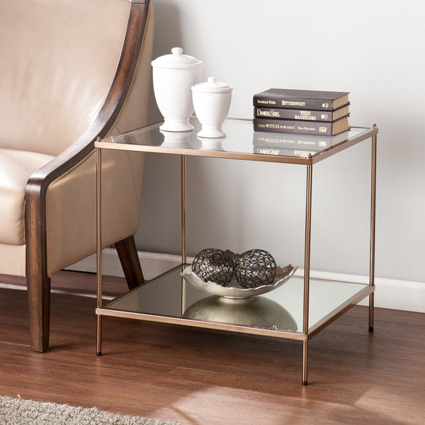 Safavieh Knox Glam End Table With Mirrored Shelf Glass Top And Metallic Faux Leather Accents CK5022