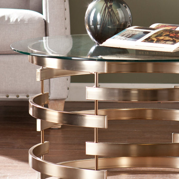 Safavieh Belmar Round Tempered Glass Coffee Table With Art Deco Iron Base For Living Room CHAMPAGNE CK5430