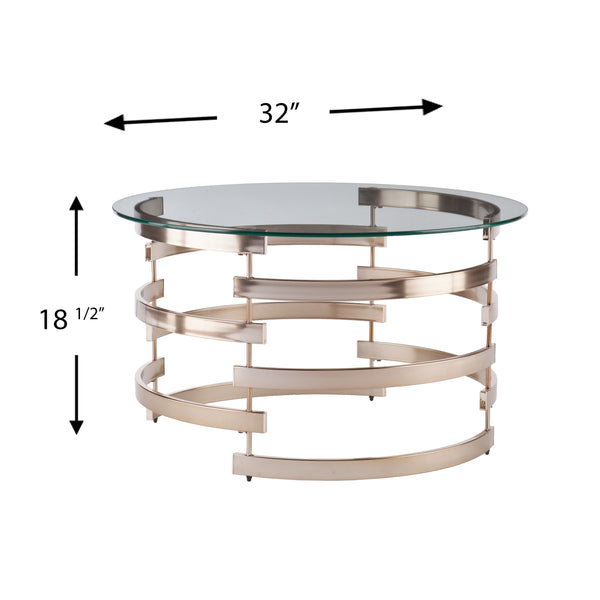Safavieh Belmar Round Tempered Glass Coffee Table With Art Deco Iron Base For Living Room CHAMPAGNE CK5430