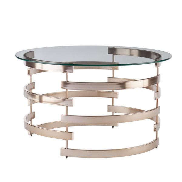 Safavieh Belmar Round Tempered Glass Coffee Table With Art Deco Iron Base For Living Room CHAMPAGNE CK5430
