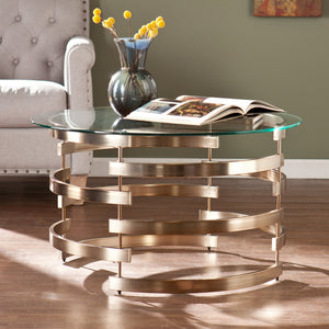 Safavieh Belmar Round Tempered Glass Coffee Table With Art Deco Iron Base For Living Room CHAMPAGNE CK5430