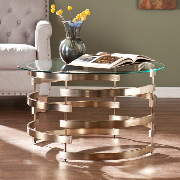 Safavieh Belmar Round Tempered Glass Coffee Table With Art Deco Iron Base For Living Room CHAMPAGNE CK5430