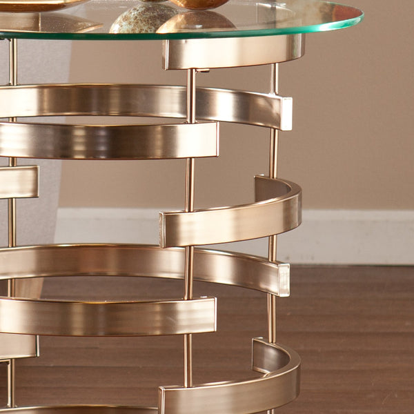 Safavieh Belmar Art Deco End Table With Tempered Glass Top And Sculptural Iron Base CHAMPAGNE CK5432