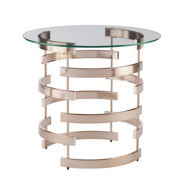 Safavieh Belmar Art Deco End Table With Tempered Glass Top And Sculptural Iron Base CHAMPAGNE CK5432