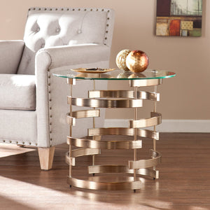 Safavieh Belmar Art Deco End Table With Tempered Glass Top And Sculptural Iron Base CHAMPAGNE CK5432