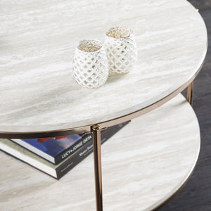 Safavieh Silas Round Cocktail Table With Faux Travertine Top And Glam Metal Frame For Living Rooms CHAMPAGNE CK5730