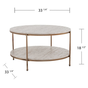 Safavieh Silas Round Cocktail Table With Faux Travertine Top And Glam Metal Frame For Living Rooms CHAMPAGNE CK5730