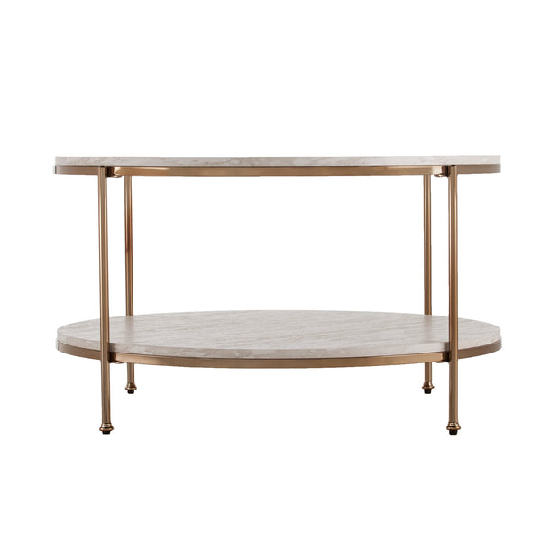 Safavieh Silas Round Cocktail Table With Faux Travertine Top And Glam Metal Frame For Living Rooms CHAMPAGNE CK5730