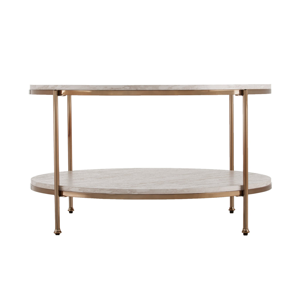 Safavieh Silas Round Cocktail Table With Faux Travertine Top And Glam Metal Frame For Living Rooms CHAMPAGNE CK5730