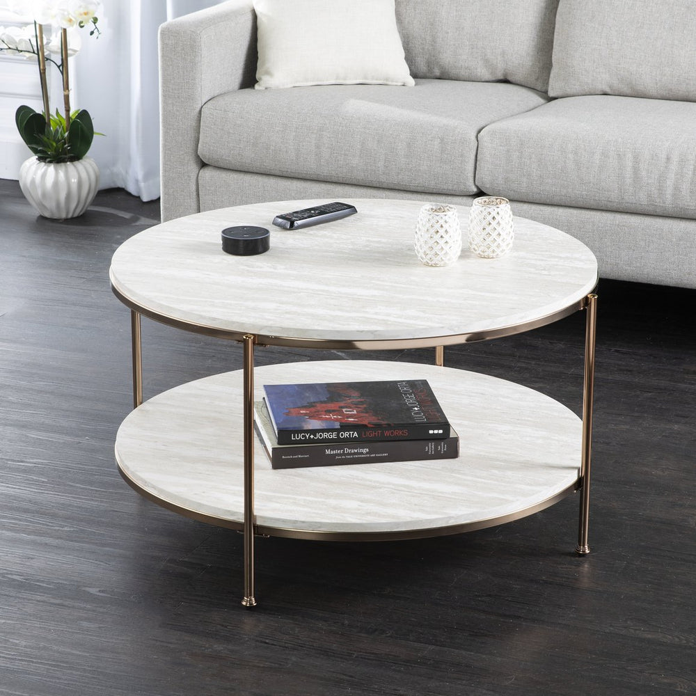 Safavieh Silas Round Cocktail Table With Faux Travertine Top And Glam Metal Frame For Living Rooms CHAMPAGNE CK5730