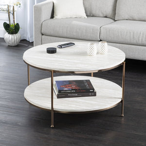 Safavieh Silas Round Cocktail Table With Faux Travertine Top And Glam Metal Frame For Living Rooms CHAMPAGNE CK5730