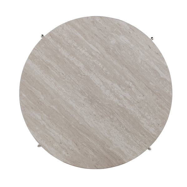 Safavieh Silas Round Cocktail Table With Faux Travertine Top And Glam Metal Frame For Living Rooms CHAMPAGNE CK5730
