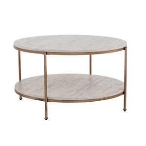 Safavieh Silas Round Cocktail Table With Faux Travertine Top And Glam Metal Frame For Living Rooms CHAMPAGNE CK5730